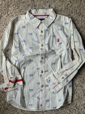 Joules Cream Button-Up Shirt with Blue Bicycle Print and Red Logo